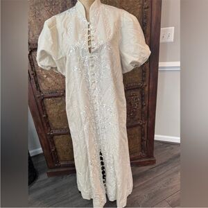 Ivory Embroidered Puff-Sleeve Maxi Dress